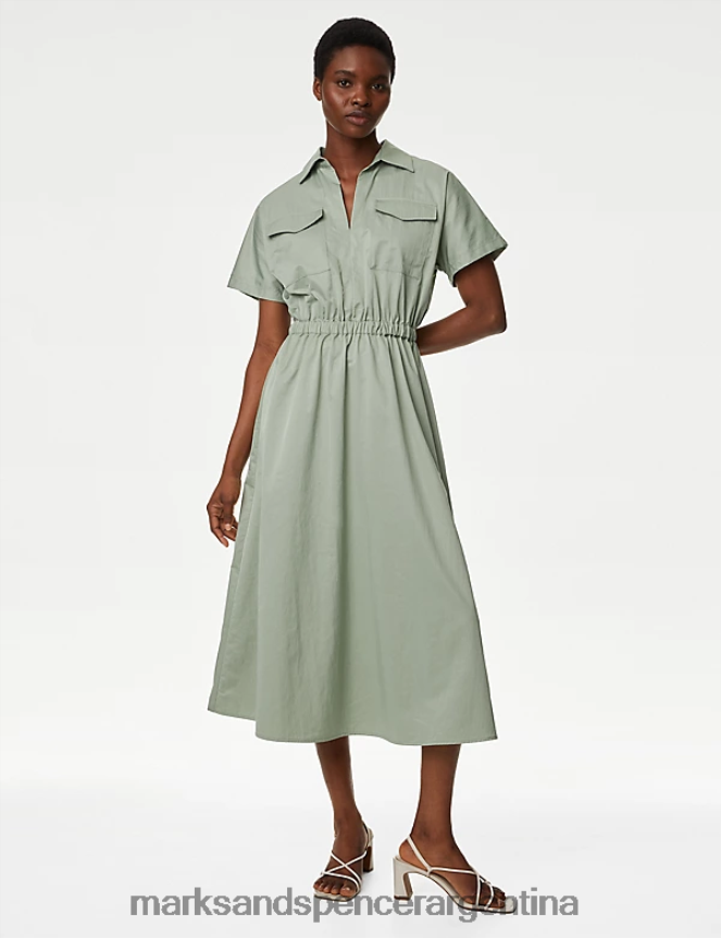 Marks & Spencer mujer vestido camisero midi con cuello ropa verde suave 46VL658