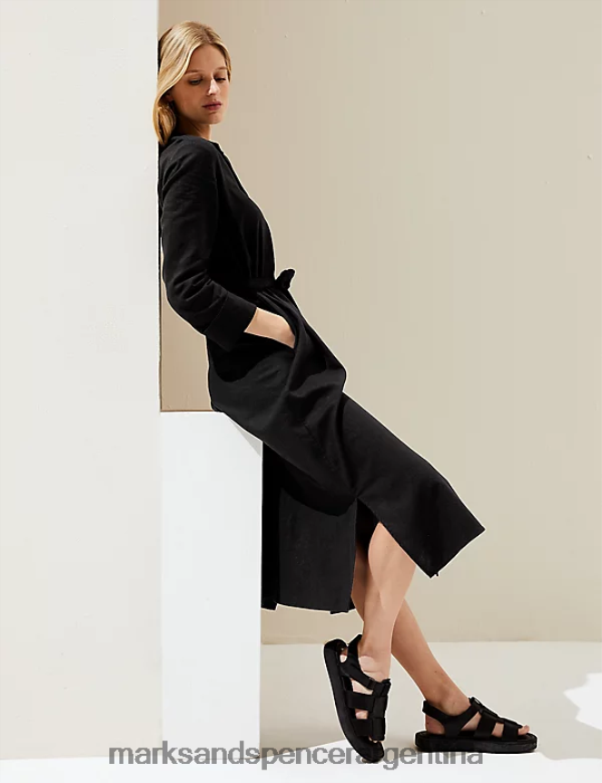Marks & Spencer mujer vestido camisero midi con detalle de lino y lazo en la cintura ropa negro 46VL1198