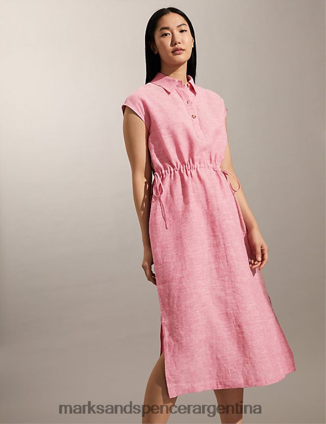 Marks & Spencer mujer vestido camisero midi de lino puro con lazo en la cintura ropa rosa 46VL1314