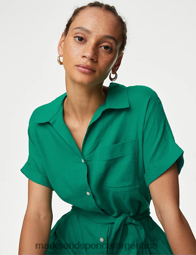 Marks & Spencer mujer vestido camisero midi en mezcla de lino ropa verde brillante 46VL352