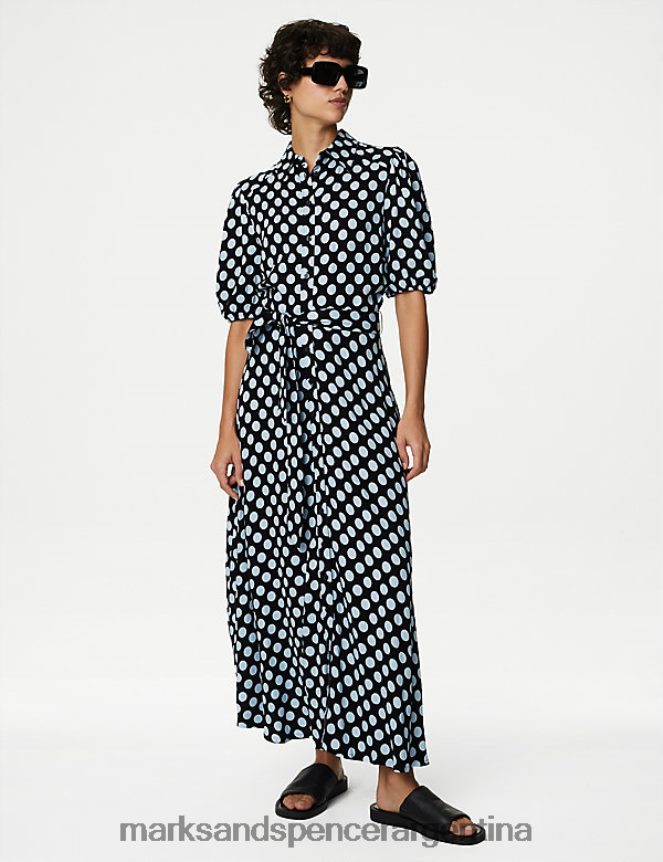Marks & Spencer mujer vestido camisero midi estampado con lazo en la cintura ropa mezcla azul 46VL1816
