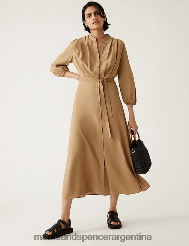 Marks & Spencer mujer vestido camisero midi plisado con cuello redondo ropa marrón claro 46VL1878