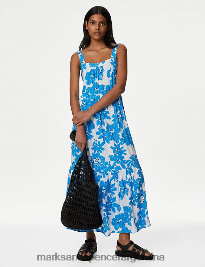 Marks & Spencer mujer vestido camisola midi con cuello cuadrado estampado ropa mezcla azul 46VL1266
