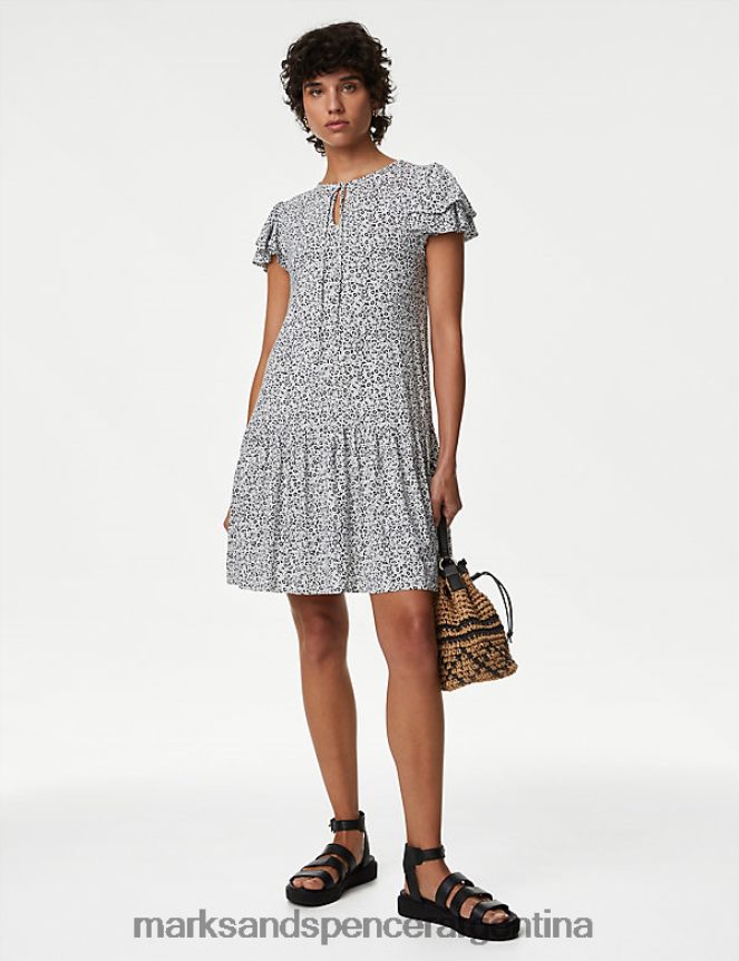 Marks & Spencer mujer vestido corto de punto con estampado y lazo en el cuello ropa mezcla azul marino 46VL1658