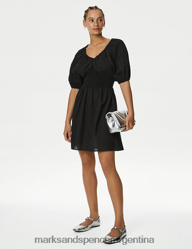 Marks & Spencer mujer vestido corto de puro algodón con cuello en V y cintura ropa negro 46VL2366