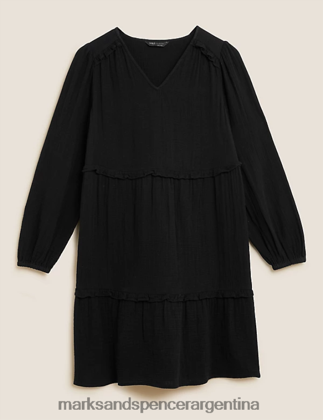 Marks & Spencer mujer vestido corto de puro algodón con volantes y capas ropa negro 46VL3180