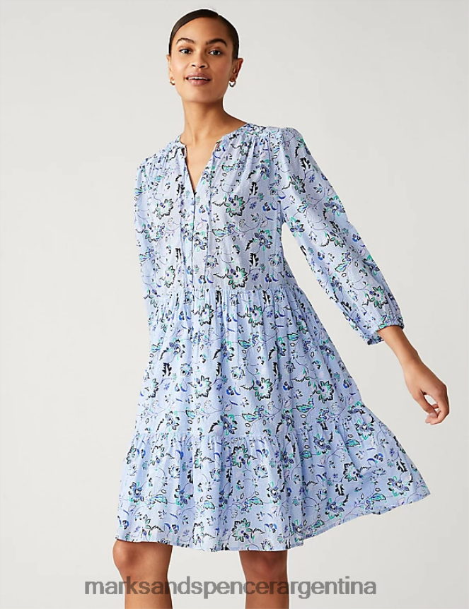 Marks & Spencer mujer vestido corto de puro algodón estampado con lazo en el cuello ropa mezcla azul 46VL594
