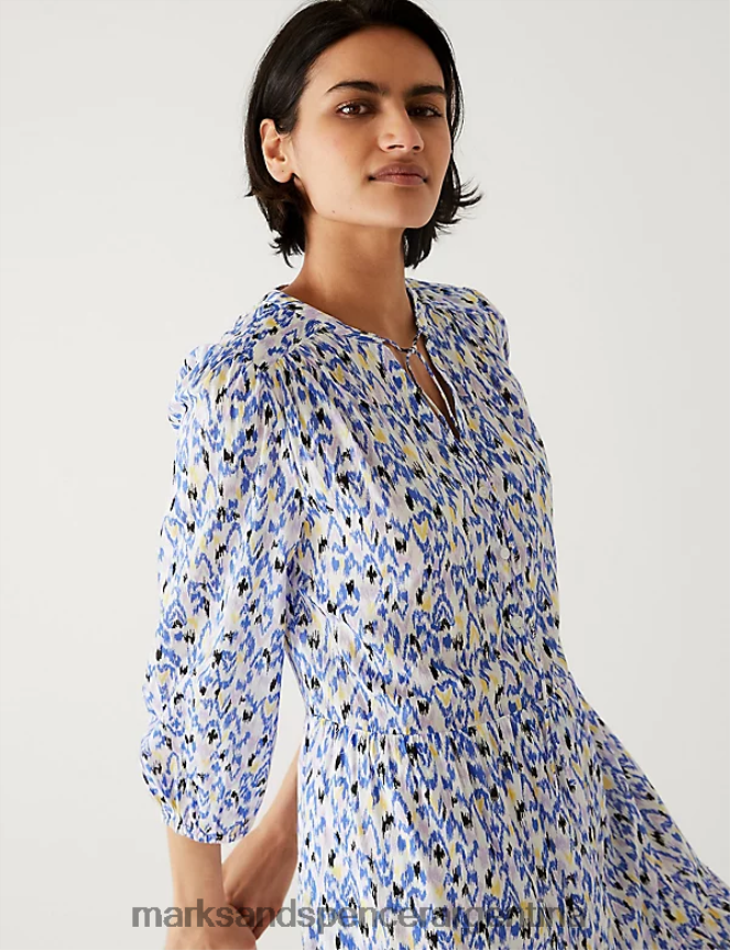 Marks & Spencer mujer vestido corto de puro algodón estampado con lazo en el cuello ropa mezcla de marfil 46VL264