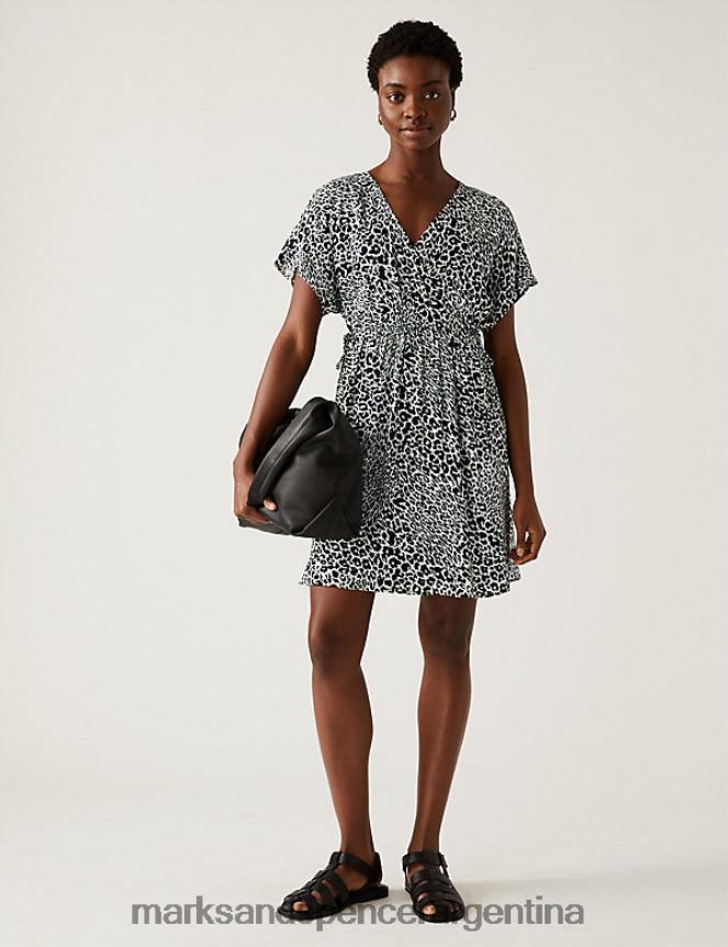 Marks & Spencer mujer vestido corto estampado con cuello en V y cintura ropa mezcla negra 46VL3014