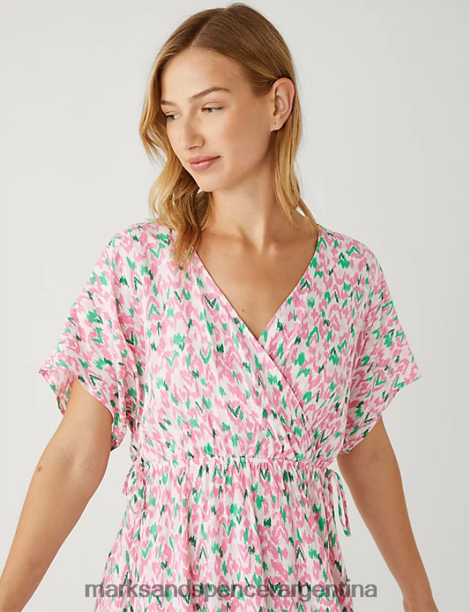 Marks & Spencer mujer vestido corto estampado con cuello en V y cintura ropa mezcla rosa pálido 46VL3016