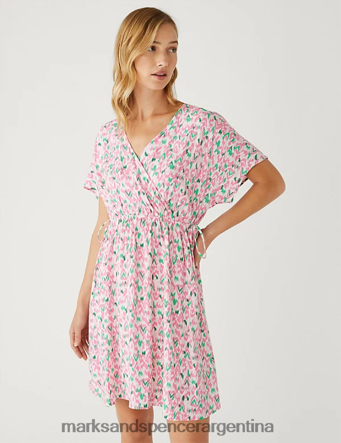 Marks & Spencer mujer vestido corto estampado con cuello en V y cintura ropa mezcla rosa pálido 46VL3016