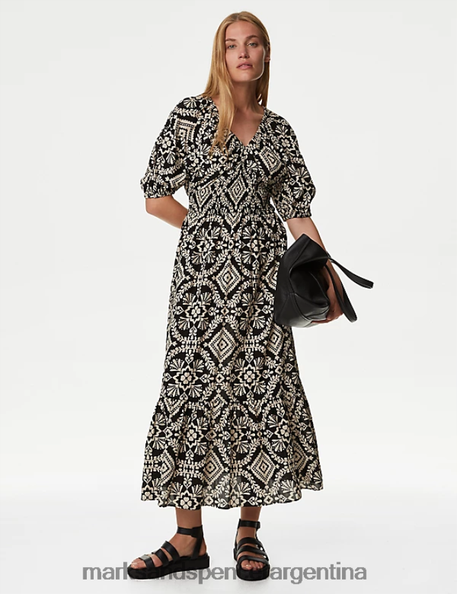 Marks & Spencer mujer vestido de cintura media con cuello en V y talle medio ropa mezcla negra 46VL1182