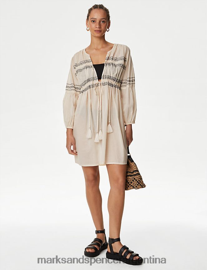 Marks & Spencer mujer vestido de playa de puro algodón bordado con cuello en V ropa calicó 46VL1428