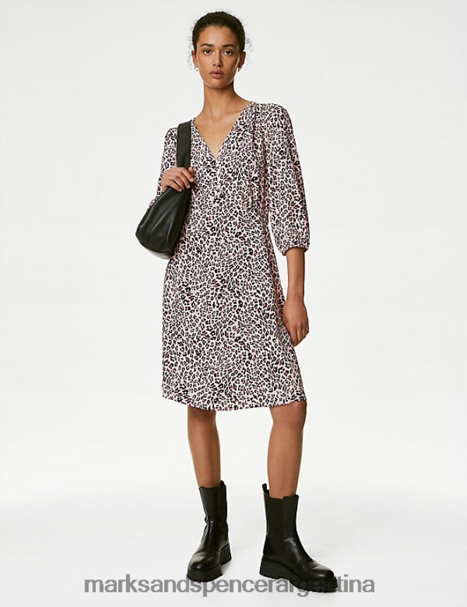 Marks & Spencer mujer vestido de té hasta la rodilla con cuello en V y estampado animal ropa mezcla rosa 46VL420