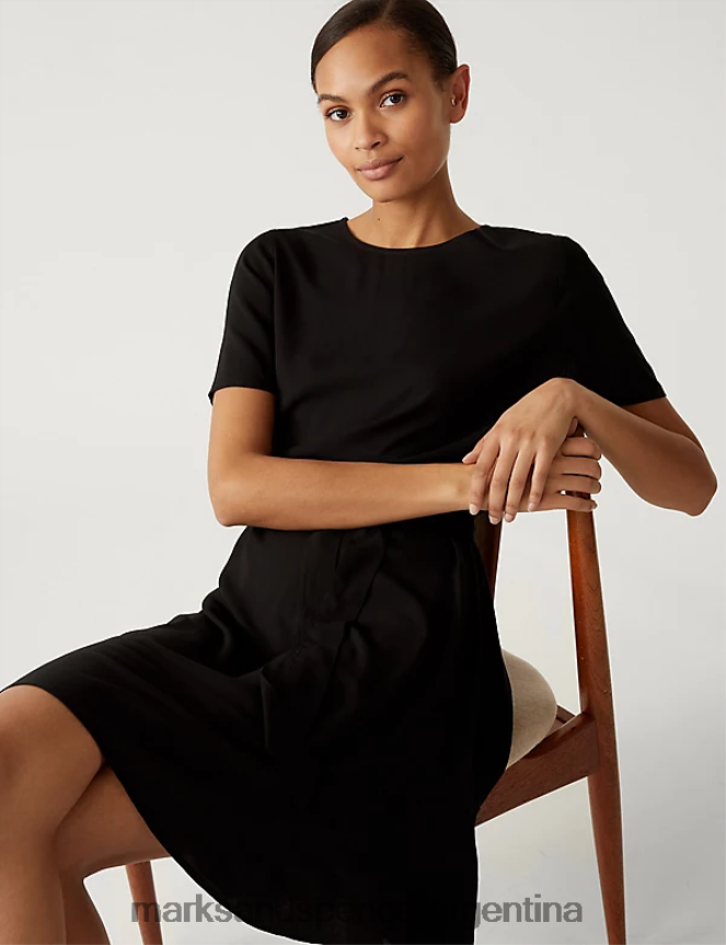 Marks & Spencer mujer vestido de tarde corto con cuello redondo y cintura anudada ropa negro 46VL1464