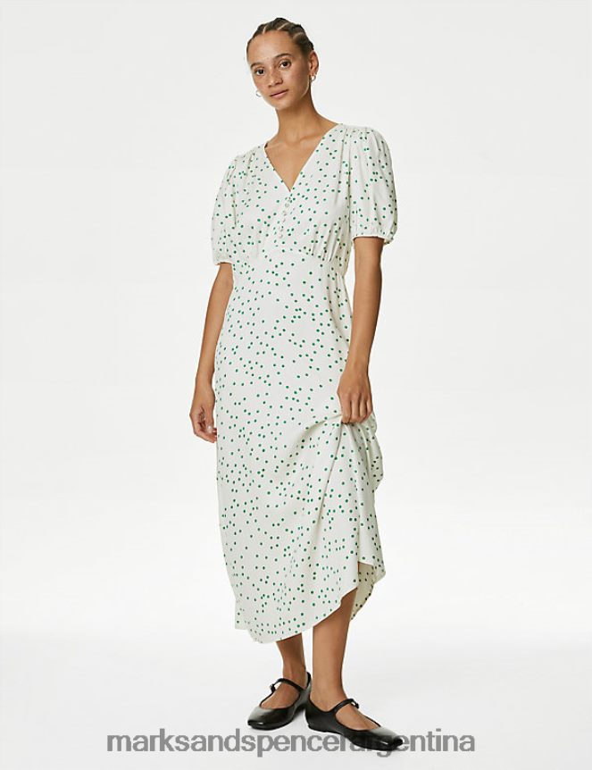 Marks & Spencer mujer vestido de tarde midi con cuello en V y detalle de botones estampados ropa mezcla de marfil 46VL400