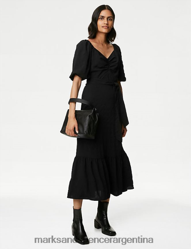 Marks & Spencer mujer vestido de tarde midi con escote corazón y detalle de lazo ropa negro 46VL842