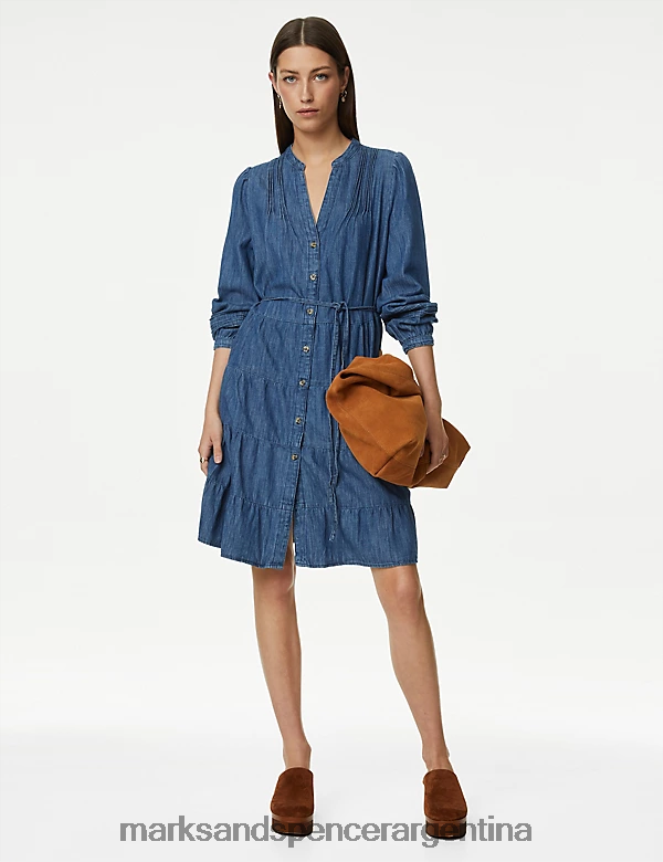 Marks & Spencer mujer vestido denim con escote pronunciado hasta la rodilla y capas ropa índigo medio 46VL328