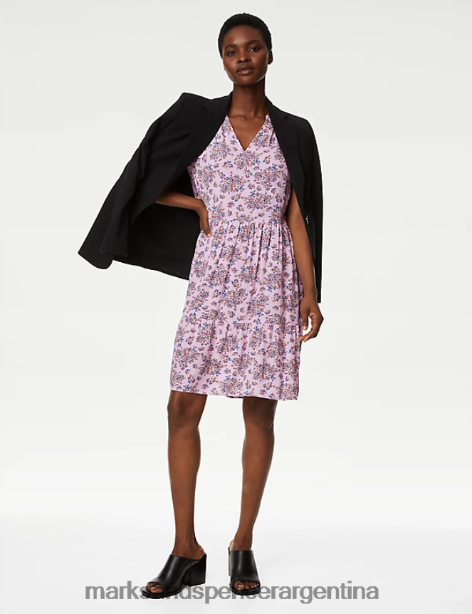 Marks & Spencer mujer vestido estampado con cuello en V hasta la rodilla y capas ropa mezcla rosa 46VL428