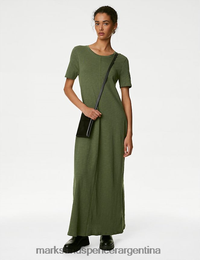 Marks & Spencer mujer vestido estilo camiseta midaxi con cuello redondo y puro algodón ropa caqui 46VL1720