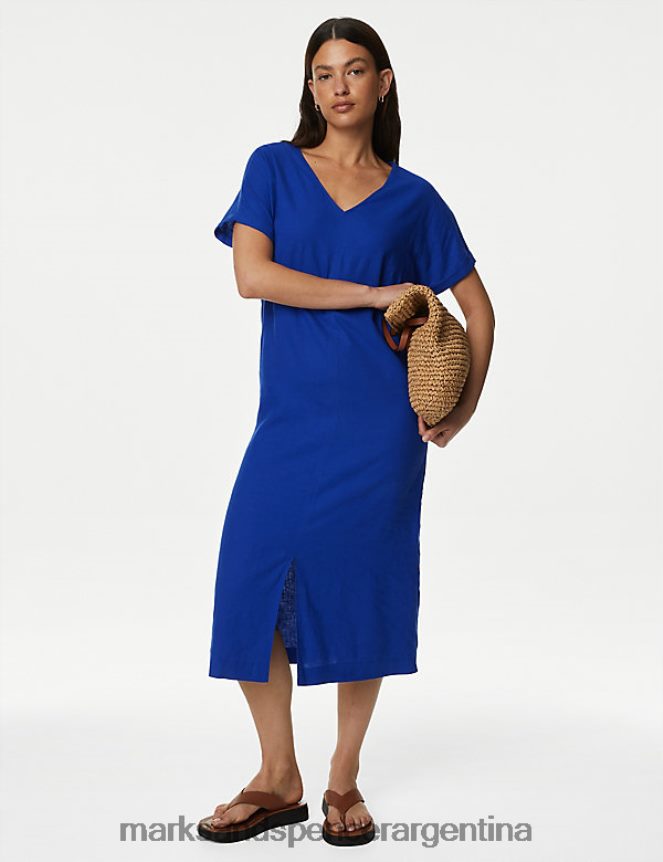 Marks & Spencer mujer vestido estilo camiseta midi con cuello en V y rico lino ropa azul eléctrico 46VL2812