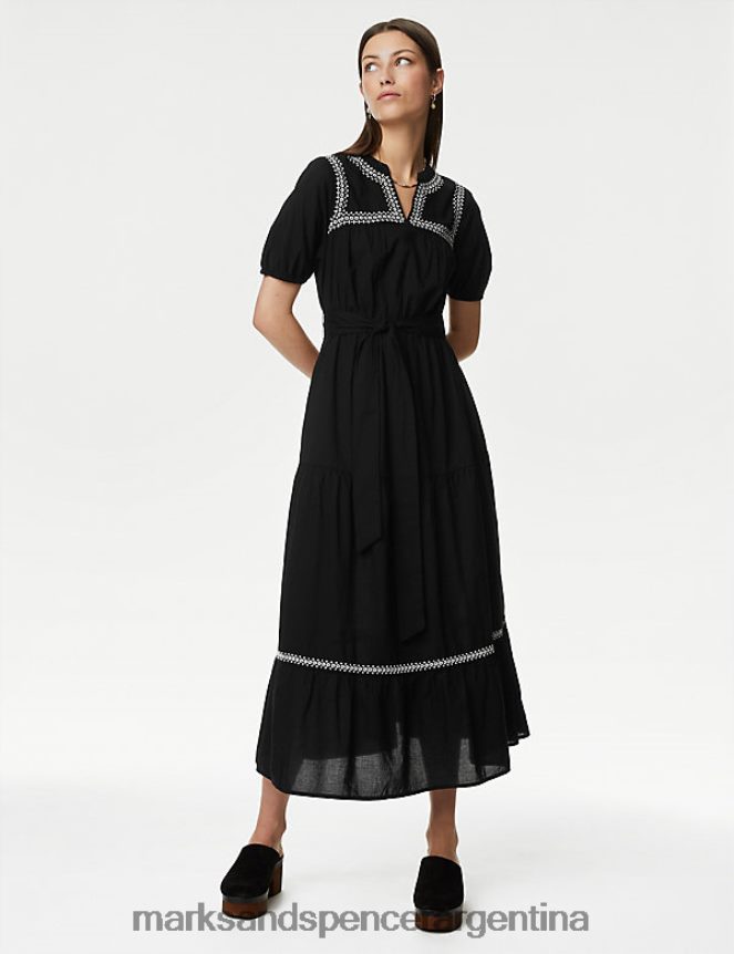Marks & Spencer mujer vestido largo a capas con bordado de puro algodón ropa negro 46VL1454