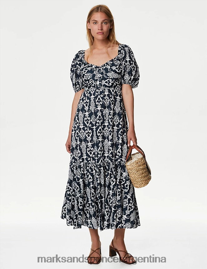 Marks & Spencer mujer vestido largo a capas con estampado de puro algodón ropa mezcla azul marino 46VL2190