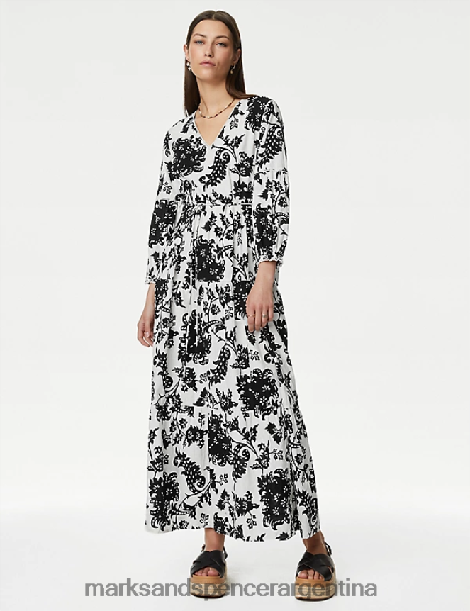Marks & Spencer mujer vestido largo escalonado con cuello en V y estampado floral rico en lino ropa mezcla negra 46VL1090