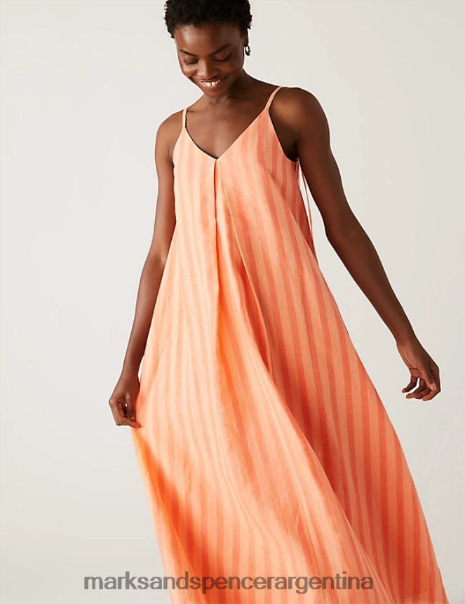 Marks & Spencer mujer vestido lencero midi con cuello en V y rico lino ropa mezcla de naranja 46VL598