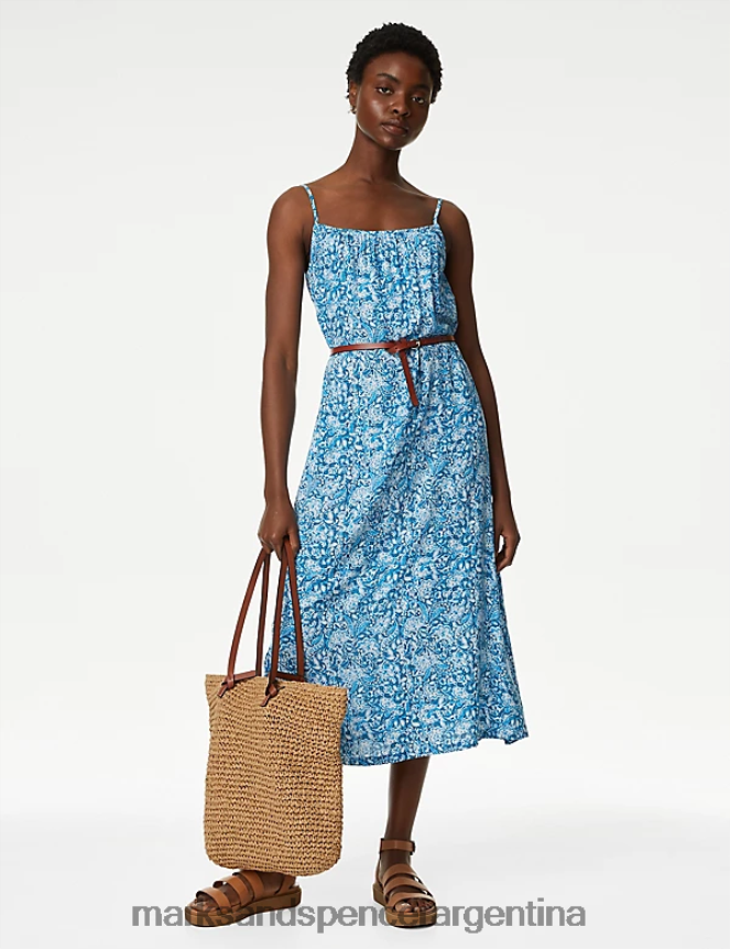 Marks & Spencer mujer vestido lencero midi estampado con cuello cuadrado ropa mezcla azul 46VL2970