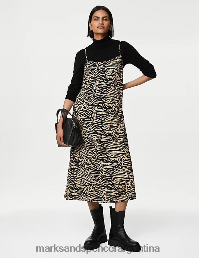 Marks & Spencer mujer vestido lencero midi estampado con cuello cuadrado ropa mezcla marrón 46VL2968