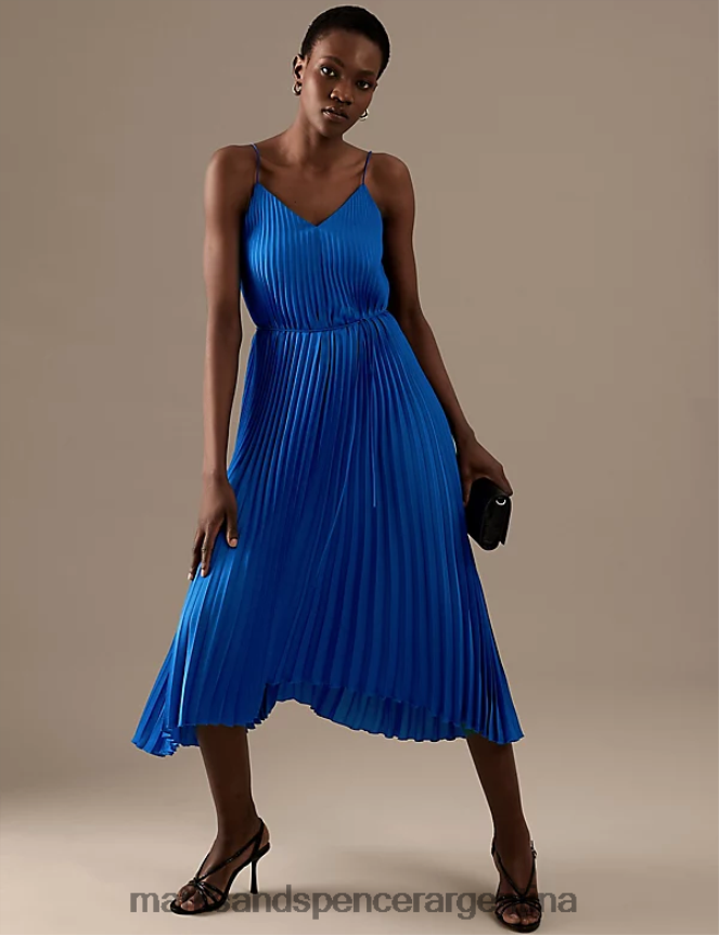 Marks & Spencer mujer vestido lencero midi plisado con cuello en V ropa azul real 46VL3084
