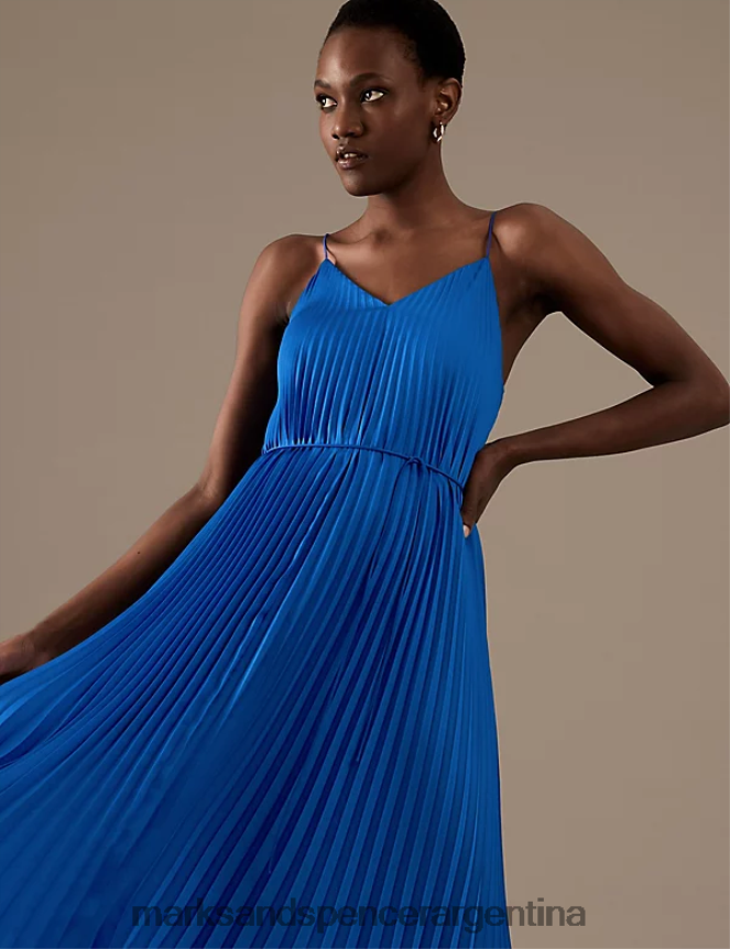 Marks & Spencer mujer vestido lencero midi plisado con cuello en V ropa azul real 46VL3084