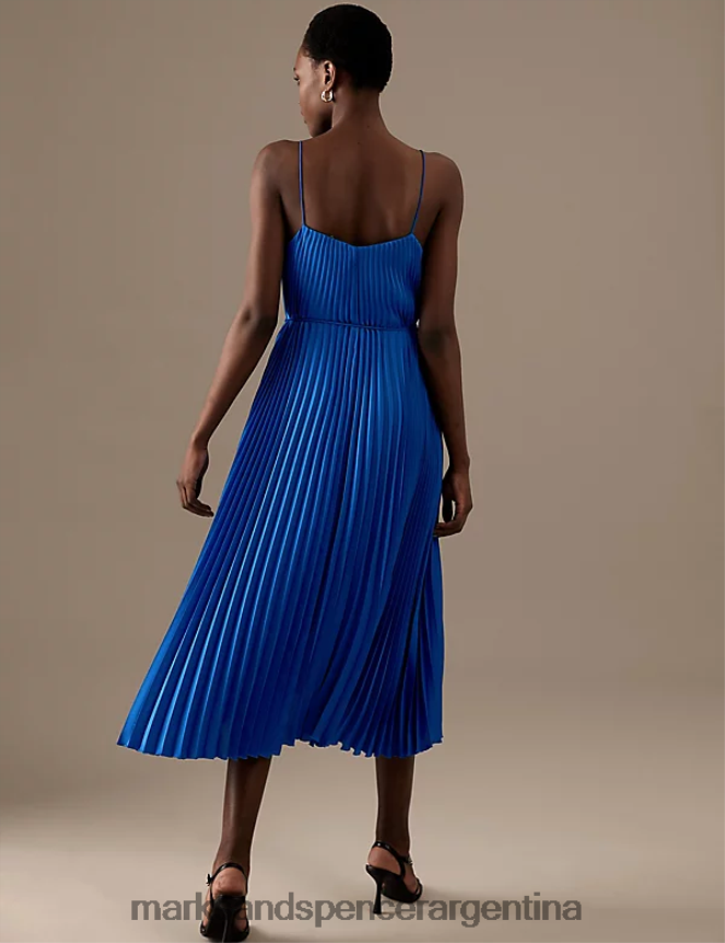 Marks & Spencer mujer vestido lencero midi plisado con cuello en V ropa azul real 46VL3084