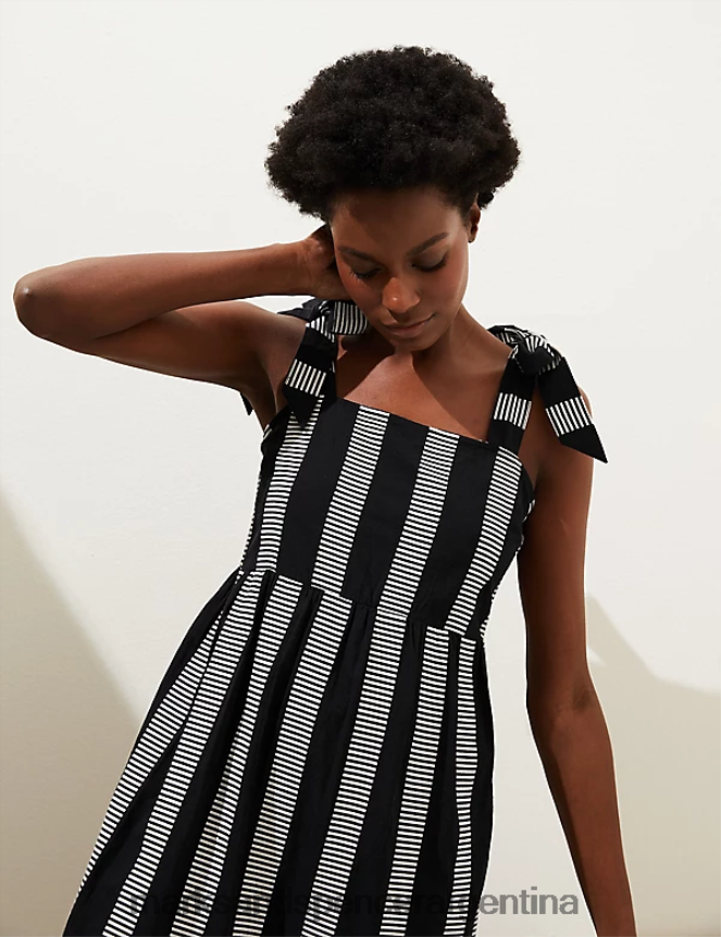 Marks & Spencer mujer vestido midaxi escalonado de rayas ricas en algodón ropa mezcla negra 46VL178