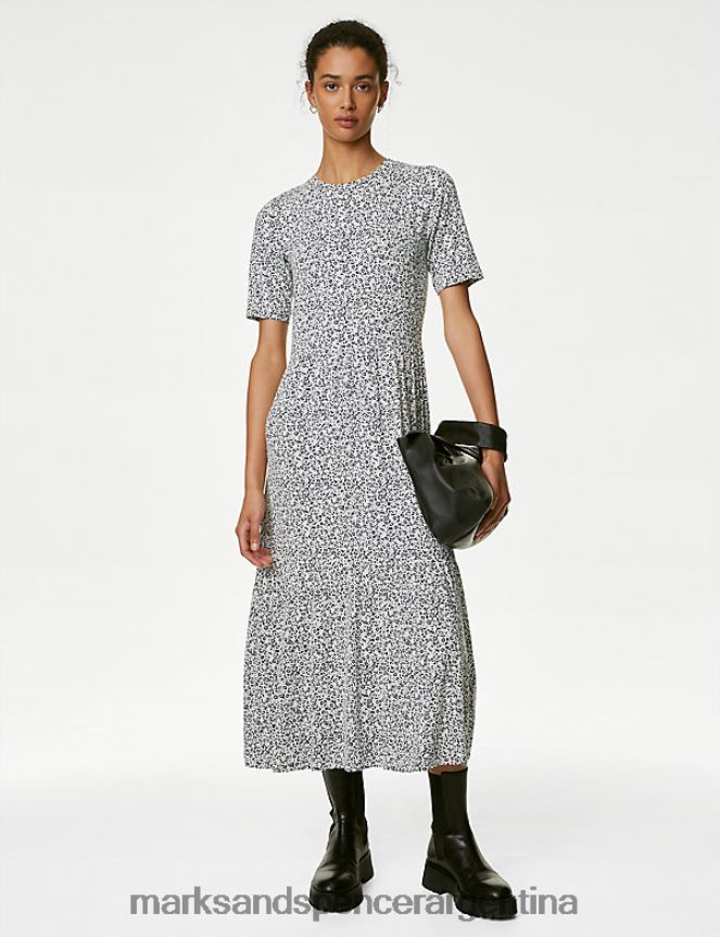 Marks & Spencer mujer vestido midi a capas con cuello redondo y estampado de punto ropa mezcla de marfil 46VL894