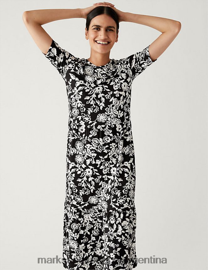 Marks & Spencer mujer vestido midi a capas con cuello redondo y estampado de punto ropa mezcla negra 46VL510
