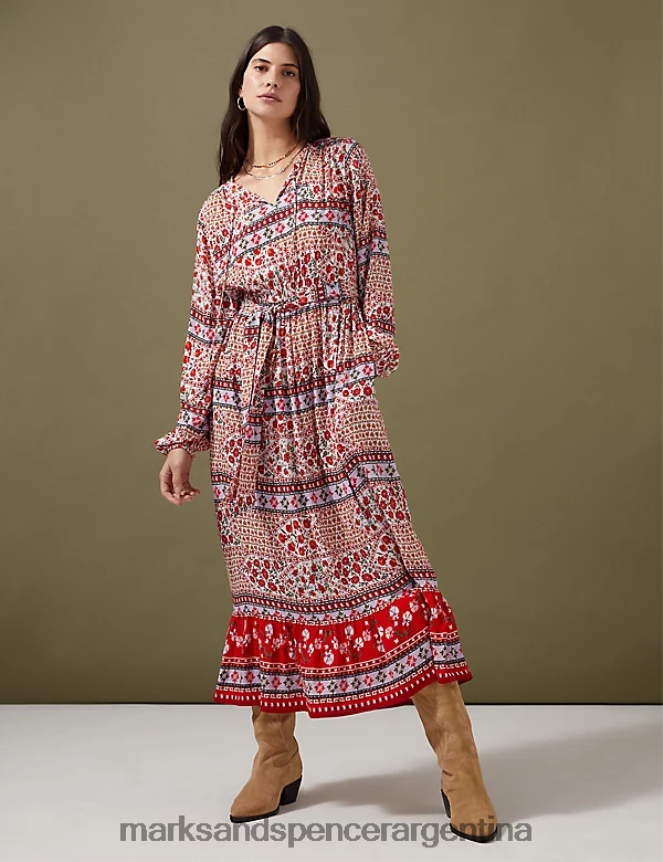 Marks & Spencer mujer vestido midi con cintura anudada y cinturón con estampado floral ropa mezcla roja 46VL1628