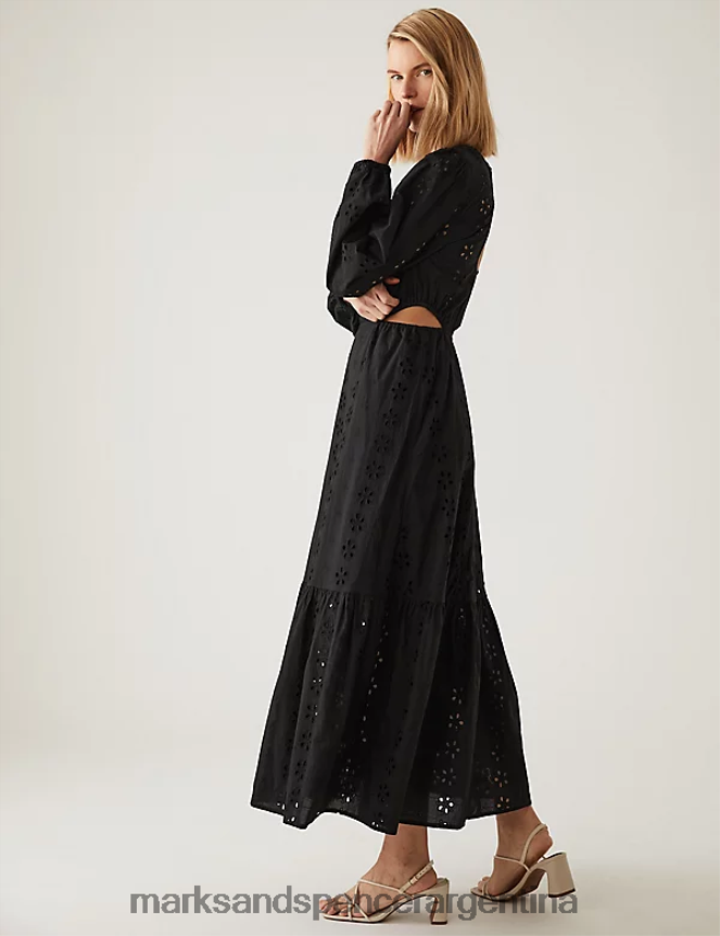 Marks & Spencer mujer vestido midi con cintura midi y bordado de puro algodón ropa negro 46VL1162