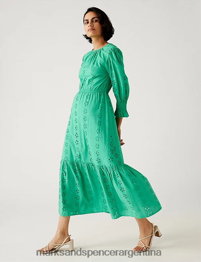 Marks & Spencer mujer vestido midi con cintura y bordado de puro algodón ropa verde 46VL802