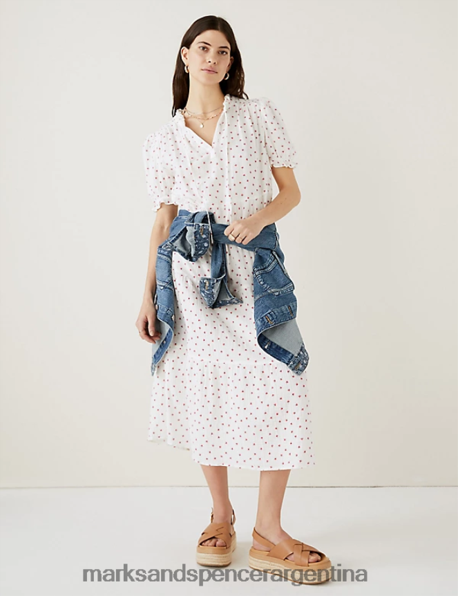 Marks & Spencer mujer vestido midi con cuello anudado y estampado floral rico en algodón ropa mezcla cruda 46VL936