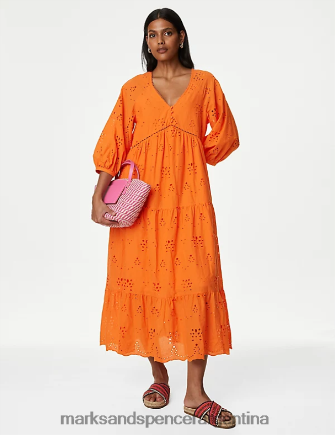 Marks & Spencer mujer vestido midi con cuello en V y bordado de puro algodón ropa mezcla de naranja 46VL688