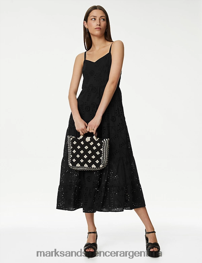 Marks & Spencer mujer vestido midi con cuello en V y bordado de puro algodón ropa negro 46VL1456