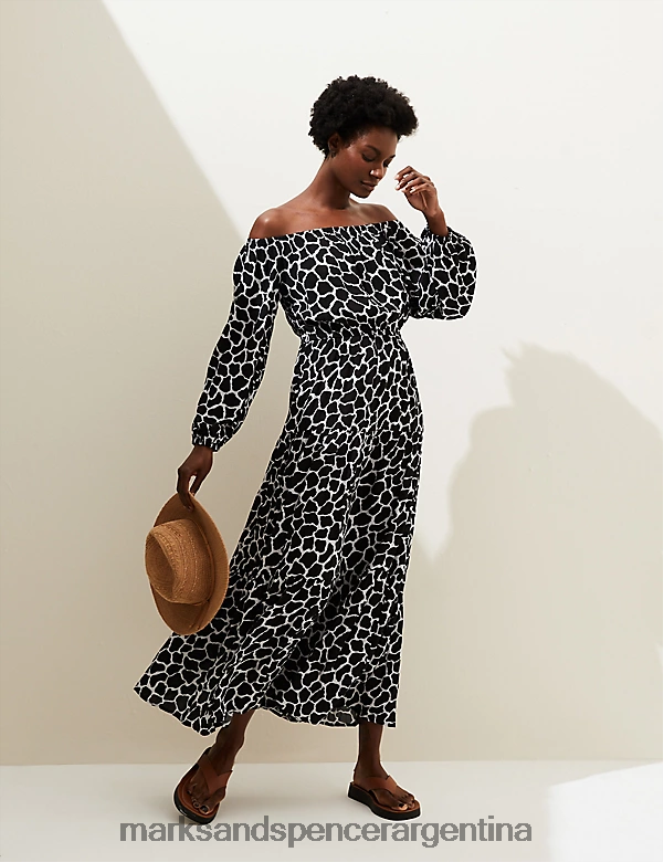 Marks & Spencer mujer vestido midi con escote bardot y estampado ropa mezcla negra 46VL2614