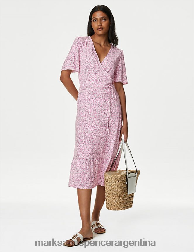 Marks & Spencer mujer vestido midi cruzado con cuello en V y estampado de punto ropa mezcla rosa 46VL820