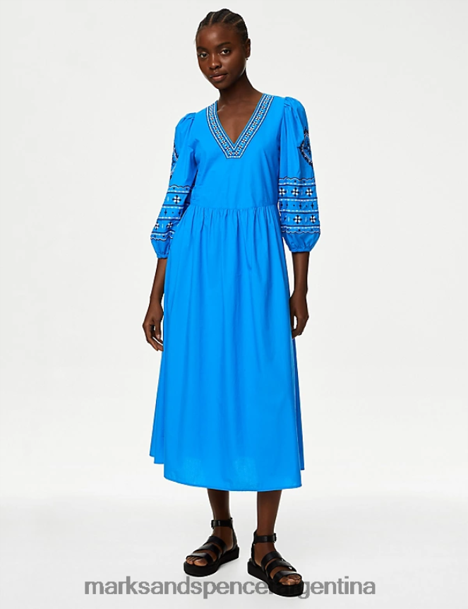 Marks & Spencer mujer vestido midi de puro algodón bordado con cuello en V ropa azul 46VL98