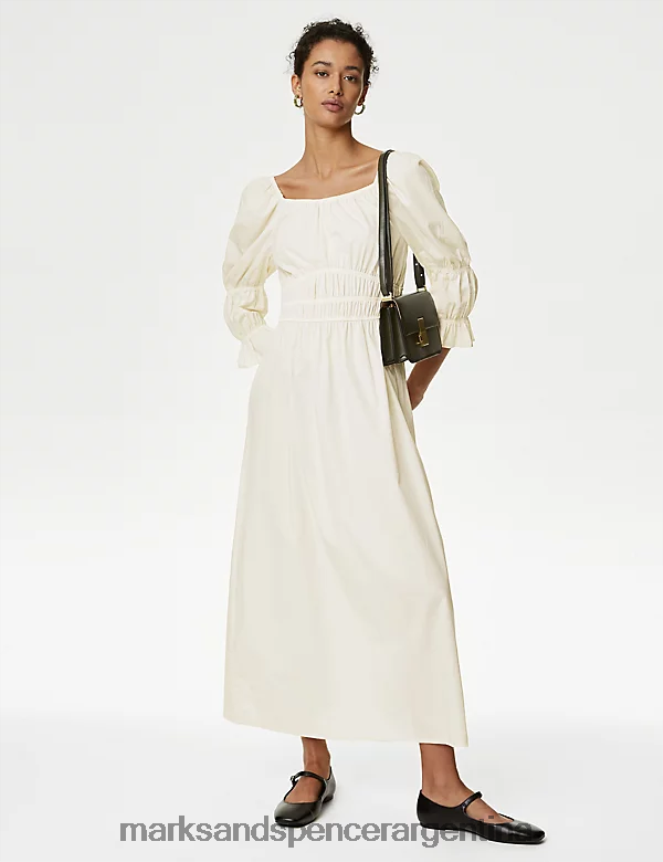 Marks & Spencer mujer vestido midi de talle alto con cuello cuadrado y puro algodón ropa Marfil 46VL404