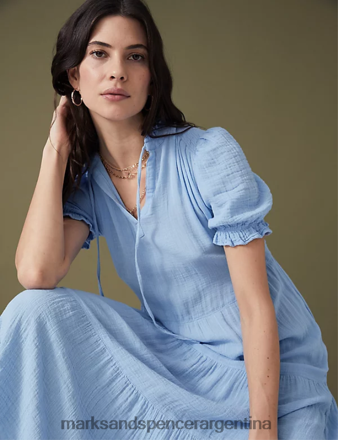 Marks & Spencer mujer vestido midi escalonado de puro algodón con lazo en el cuello ropa azul medio 46VL1016