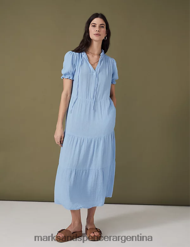 Marks & Spencer mujer vestido midi escalonado de puro algodón con lazo en el cuello ropa azul medio 46VL1016
