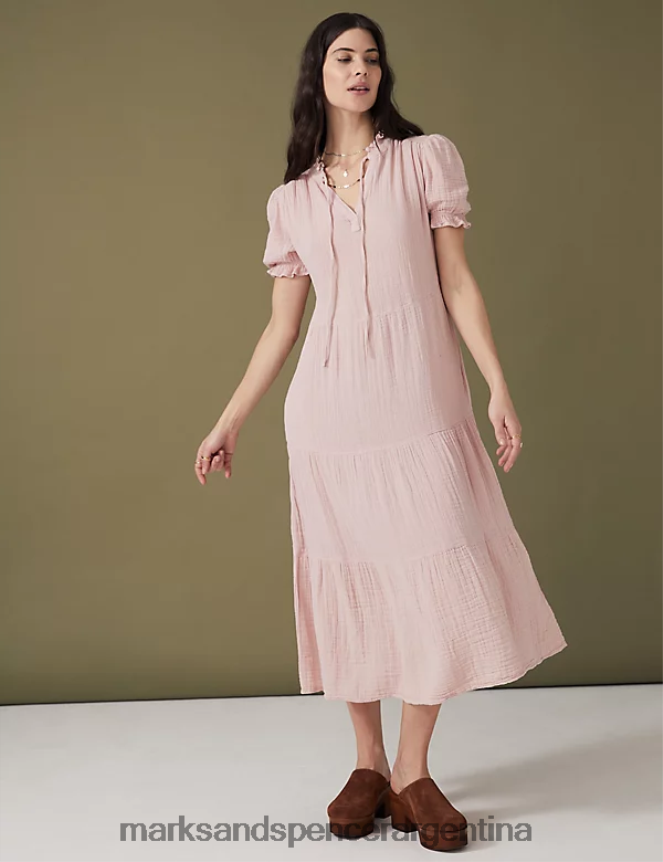 Marks & Spencer mujer vestido midi escalonado de puro algodón con lazo en el cuello ropa concha rosa 46VL628
